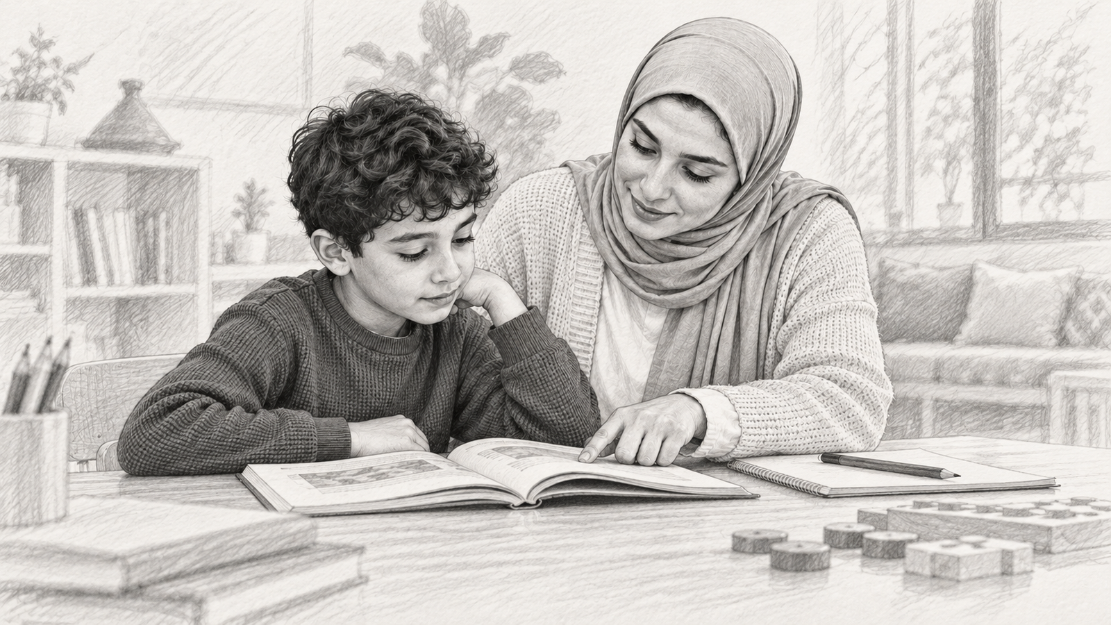 تلميذ يقرأ كتاباً بمساعدة شخص بالغ